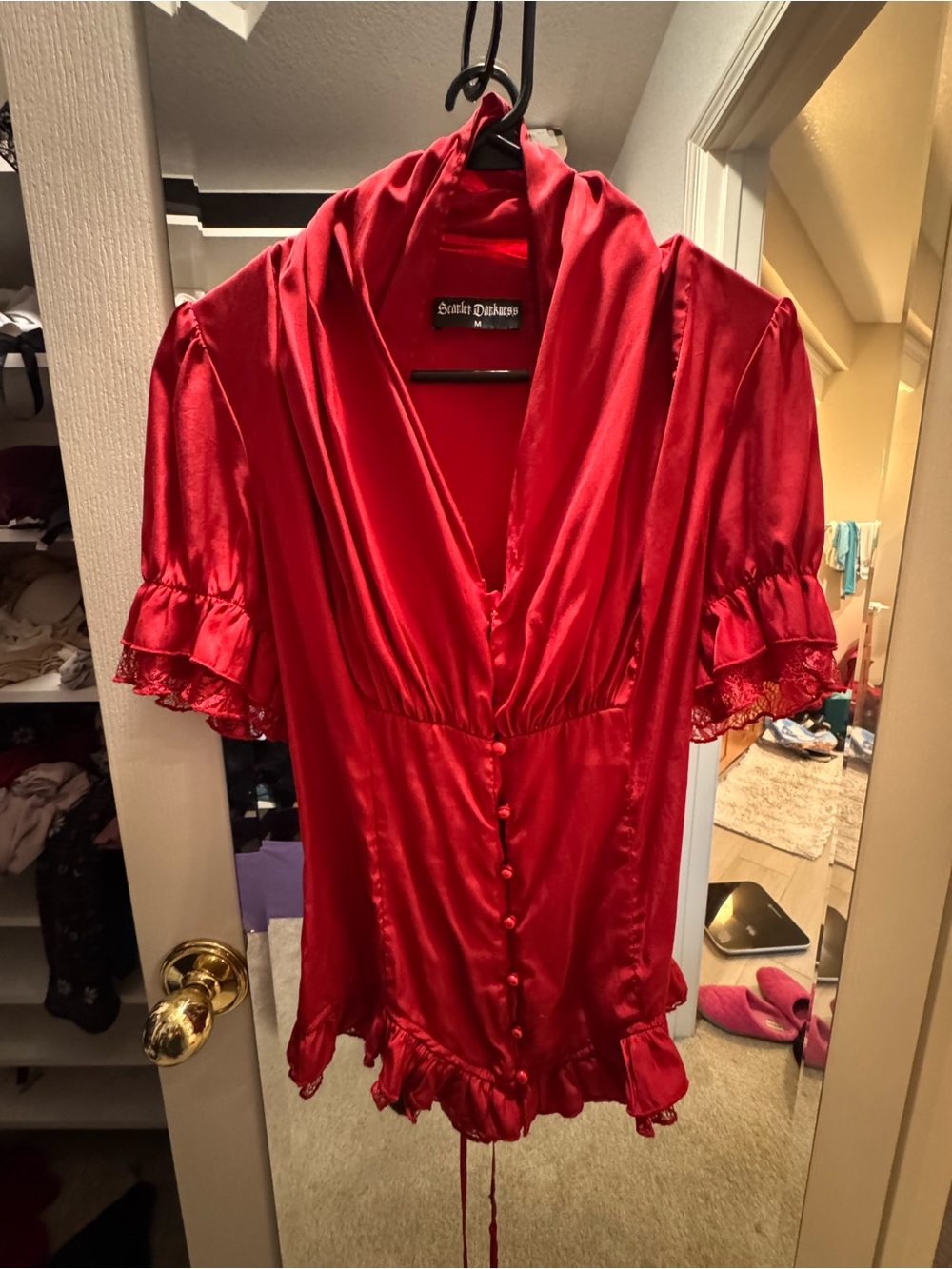 Sincerely Yours Red Satin Button-Front Blouse